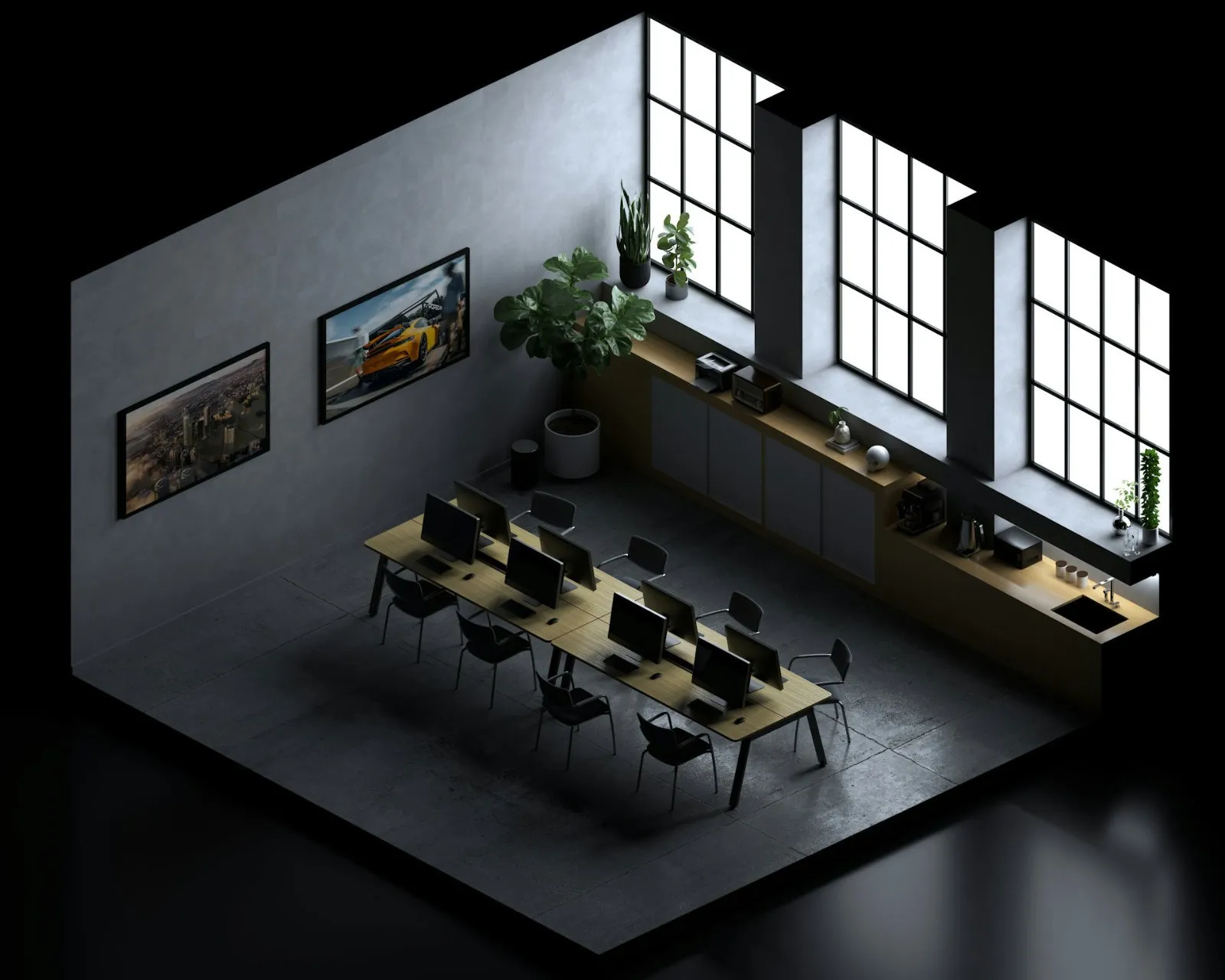 Isometrische Illustration eines dunklen Studios mit langem Arbeitstisch, Monitoren und großen Fenstern