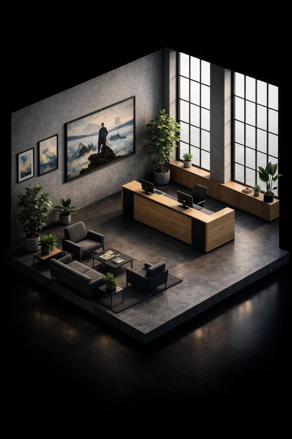 Isometrische Illustration unseres Studios: Empfangstresen, Sitzecke, Pflanzen und große Fenster